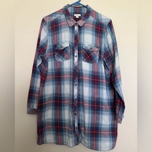 J Jill (Denim Line) Plaid Soft FlannelTunic  Size Large - Bluish Teal and Red